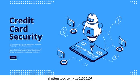 Credit card security banner. Protection mobile payment concept. Vector landing page of safety electronic finance with isometric icon of virtual banking card on smartphone screen and assistant chatbot