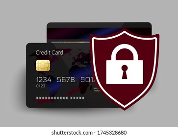 Credit card security flat icon. Electronic payment protection concept. Secure online transaction. Blue plastic cards and shield with lock isolated on white. Internet safety. Vector illustration