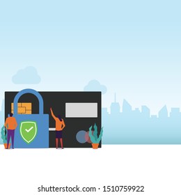 Credit card security flat vector concept couple check protection of credit card with padlock and safety sign. Illustration For Wallpaper, Banner, Background, Infographic, Book Illustration, And Web 