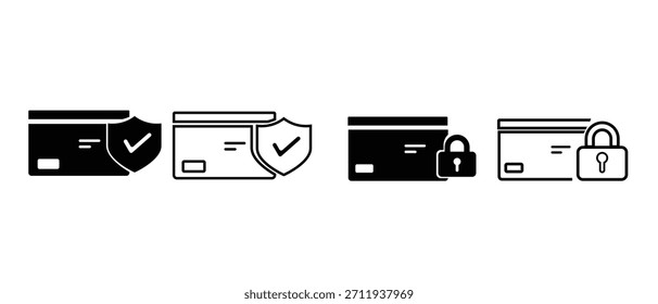 Conjunto de ícones de segurança de cartão de crédito: escudo verificado, cadeado e pagamento protegido.