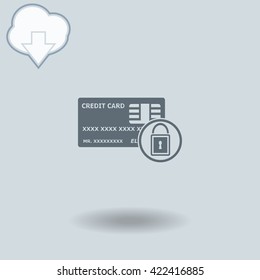 Credit Card Security icon with shadow. Cloud of download with arrow.