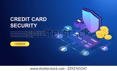 Credit card security. Internet safety and personal data protection. Landing page design. Shield, coins and banknotes. Internet transactions, electronic payments. Cartoon isometric vector illustration