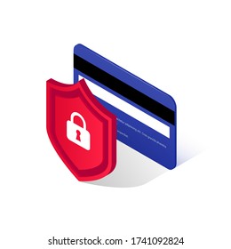 Credit Card Security Isometric Icon. Online Payment Protection Concept. Secure Transaction. 3d Plastic Card Back Side And Shield With Lock Isolated On White. Internet Safety Vector Illustration