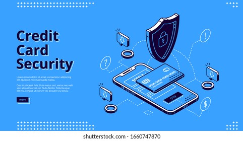 Credit card security isometric landing page. Money protection, online banking guarantee. Bank payment application, shield guard personal information on smartphone screen, 3d vector line art web banner