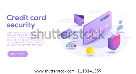 Credit card security isometric vector illustration. Online payment protection system concept with smartphone and wallet. Secure bank transaction with password verification via internet.  
