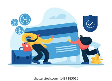 Credit Card Security, Protecting Financial Savings. Monthly Pay, Salary, Budget. Personal Bank Account, Savings Bank Deposit, Fixed Rate Loan Concept. Vector Isolated Concept Creative Illustration