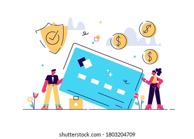 Credit card security, protecting financial savings. Monthly pay, salary, budget. Personal bank account, savings bank deposit, fixed rate loan concept. Vector isolated concept creative illustration