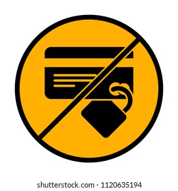 credit card security. simple silhouette. not allowed, black object in warning sign with orange background color