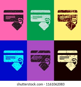 credit card security. simple silhouette. Pop art style. Scratched icons on 6 colour backgrounds. Seamless pattern