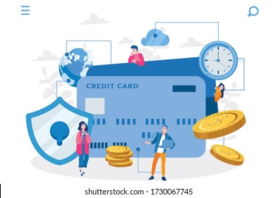 Kreditkartensicherheit. Vector Illustration für Web-Banner, Infografiken, mobil. Online-Zahlungsschutzsystem 