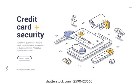 Credit card security web banner template. Elements like a smartphone, lock, and camera portray a modern approach to digital safety. Modern vector isometric line art illustration