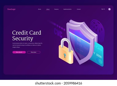 Credit card security website. Safety electronic finance concept. Vector landing page of protection online payment, internet purchase and transfer with isometric banking card, shield and padlock