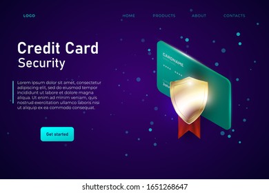 credit card security weebpage template, landing concept with golden protection shield.