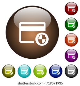 Credit card security white icons on round color glass buttons