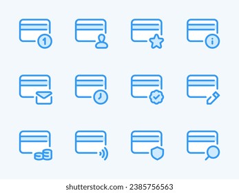 Iconos vectoriales de tarjetas de crédito y servicios de tarjetas. Juego de iconos de esquema de Finanzas y Pago. Notificación, Nuevo mensaje, saldo, pendiente, edición, protección y más.