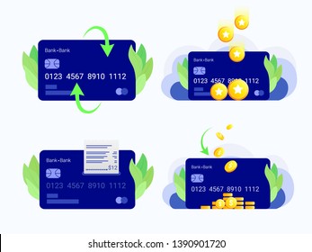 Credit card set. Credit card, coin money, cash back, reward points, payment check. Trendy flat style. Vector illustration.