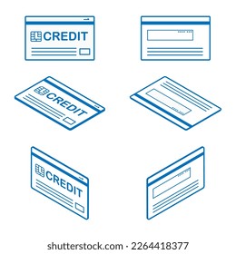 Credit card set - front side and back side, Three different angles, Line art, isometric view