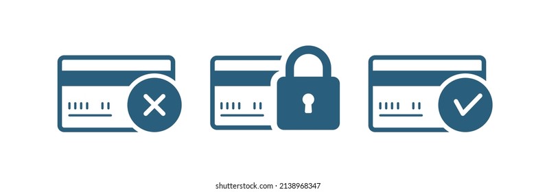 Credit card set icon. Wrong password, block, unlock. Vector on transparent background