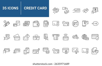 Credit card set of icons in line style. Containing payment, wallet, security, contactless payment, transaction. suitable for applications and web. vector illustration.