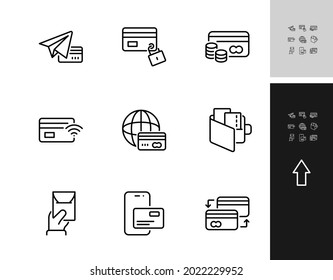 Credit Card A set of related Icons, Vector illustration, contains a non-wired payment, a blocked card, a card balance, the issuance of a new card, an exchange. Line thickness is edited, better quality