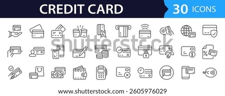 Credit card set of web icons in line style. A collection of linear icons representing credit card concepts, including payment, wallet, security, contactless payment, transaction. Editable stroke