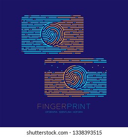 Credit card shape Fingerprint scan pattern logo dash line, digital cryptocurrency concept, Editable stroke illustration orange and blue isolated on dark blue background with Fingerprint text, vector