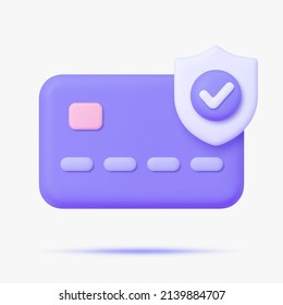 Credit card with shield 3d vector icon. Isolated on white. 