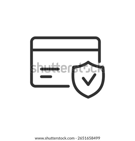 Credit card with shield and checkmark, linear icon. Secure payment and online safety. Line with editable stroke.