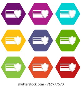Credit card and shield icon set many color hexahedron isolated on white vector illustration