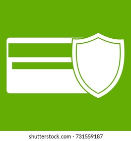 Credit card and shield icon white isolated on green background. Vector illustration