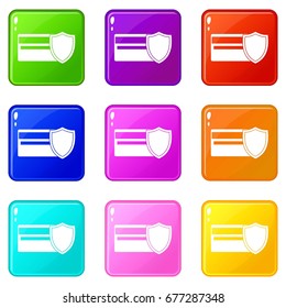 Credit card and shield icons of 9 color set isolated vector illustration