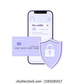 Credit card, shield with lock and smartphone. Flat vector illustration secure credit card transaction and online wallet app. Safe payments, payment protection concepts.