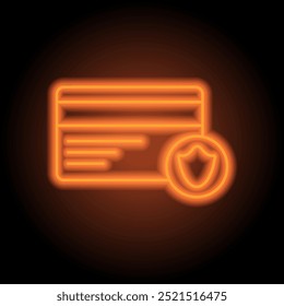 Credit card, shield, protection simple icon vector. Flat design. Orange neon on black background.ai