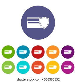 Credit card and shield set icons in different colors isolated on white background