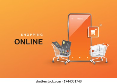 credit card  and shopping bag in cart and smartphone for template for online shopping advertisement on smartphone application, vector digital marketing concept design
