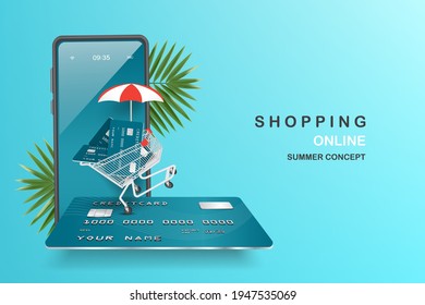 The credit card in the shopping cart is on the credit card and on the smartphone face and they are all floating in the air. and the back has a coconut leaf,vector 3d for online shopping summer concept