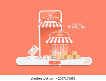 credit card, shopping cart,parcel box and gift boxs was placed next to it smartphone shop and all object on Search tab icon and buy icon for online shopping concept,vector 3d isolated on pastel pink