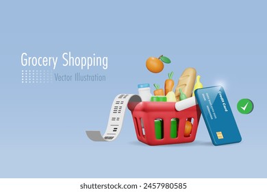 Credit card shopping and secure payment. Grocery shopping basket with credit card and bill receipt for online shopping with money protection. Money spending, online banking, financial. 3D vector.