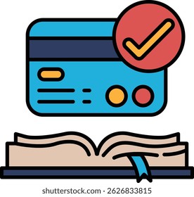 A credit card is shown with a red check mark on it. The card is placed on top of an open book