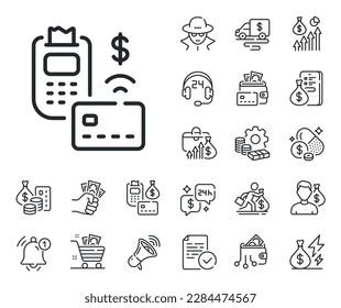 Credit card sign. Cash money, loan and mortgage outline icons. Pos terminal line icon. Non-cash money pay symbol. Pos terminal line sign. Credit card, crypto wallet icon. Inflation, job salary. Vector