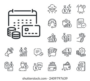 Credit card sign. Cash money, loan and mortgage outline icons. Money calendar line icon. Annual report symbol. Money calendar line sign. Credit card, crypto wallet icon. Inflation, job salary. Vector