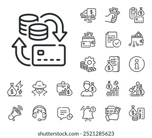 Signo de tarjeta de crédito. Dinero en efectivo, préstamos e iconos de esquema de hipoteca. Icono de línea de cambio de dinero. Símbolo de pagos bancarios. Signo de línea de cambio de dinero. Tarjeta de crédito, icono de monedero cripto. Inflación, salario laboral. Vector