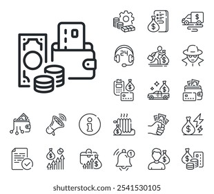 Signo de tarjeta de crédito. Dinero en efectivo, préstamos e iconos de esquema de hipoteca. Cambiar icono de línea de dinero. Símbolo de pago en efectivo. Cambie el signo de la línea de dinero. Tarjeta de crédito, icono de monedero cripto. Inflación, salario laboral. Vector