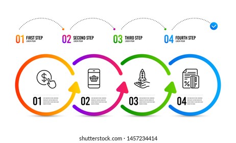 Credit card sign. Infographics timeline. Crowdfunding, Smartphone buying and Buy currency line icons set. Start business, Website shopping, Money exchange. Loan percent. Business set. Vector