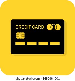 Credit card sign. Online shopping. e-commerce store website. Cash withdraw. ATM. Flat 3D shadow design. yellow background black vector. product brand service label banner board display. App icon.