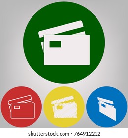 Credit Card sign. Vector. 4 white styles of icon at 4 colored circles on light gray background.