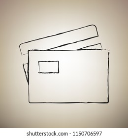 Credit Card sign. Vector. Brush drawed black icon at light brown background.