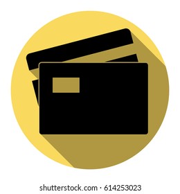 Credit Card sign. Vector. Flat black icon with flat shadow on royal yellow circle with white background. Isolated.