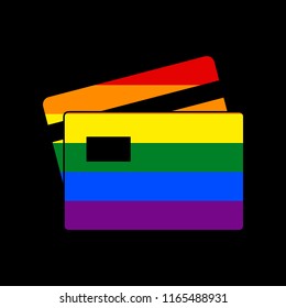 Credit Card sign. Vector. Icon with colors of LGBT flag at black background.
