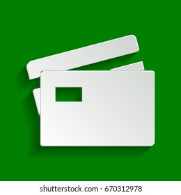 Credit Card sign. Vector. Paper whitish icon with soft shadow on green background.